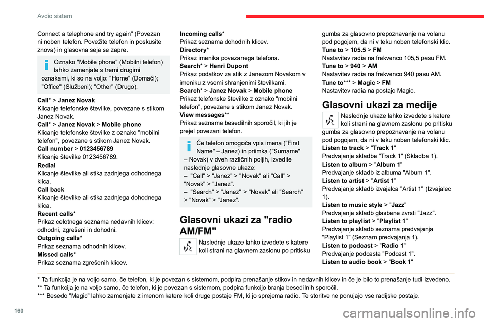 CITROEN JUMPER 2020 Navodila Za Uporabo (in Slovenian) 160
Avdio sistem
Predvajanje zvočne knjige "Book 1" (Knjiga 1).Listen to track number > "5"Predvajanje skladbe št. "5".Select > "USB"Izberite podporo za medije USB ko CITROEN JUMPER 2020 Navodila Za Uporabo (in Slovenian) 160
Avdio sistem
Predvajanje zvočne knjige "Book 1" (Knjiga 1).Listen to track number > "5"Predvajanje skladbe št. "5".Select > "USB"Izberite podporo za medije USB ko
