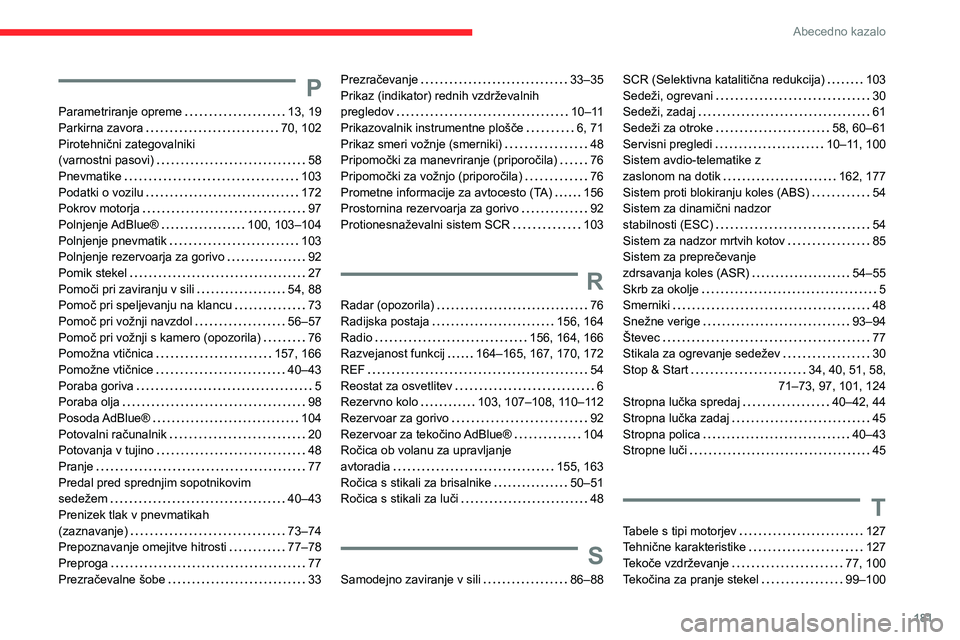 CITROEN JUMPER 2020  Navodila Za Uporabo (in Slovenian) 181
Abecedno kazalo
P
Parametriranje opreme   13, 19Parkirna zavora   70, 102Pirotehnični zategovalniki  (varnostni pasovi)   58Pnevmatike   103Podatki o vozilu   172Pokrov motorja   97
Polnjenje AdB