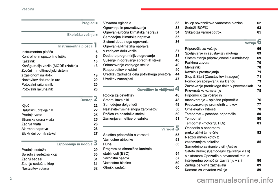CITROEN JUMPER 2020  Navodila Za Uporabo (in Slovenian) 2
Vsebina
  
  
  
  ■Pregled
  ■Ekološka vožnja
 1Instrumentna plošča
Instrumentna plošča  6Kontrolne in opozorilne lučke  6Kazalniki  10
Konfiguracija vozila (MODE (Način))  13Zvočn