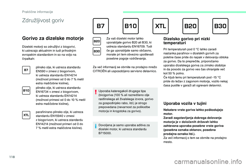 CITROEN JUMPER 2019 Navodila Za Uporabo (in Slovenian) 118
Združljivost goriv
Gorivo za dizelske motorje
Dizelski motorji so združljivi z biogorivi,
k i ustrezajo aktualnim in tudi prihodnjim
evropskim standardom in so na voljo na
črpalkah:
pl CITROEN JUMPER 2019 Navodila Za Uporabo (in Slovenian) 118
Združljivost goriv
Gorivo za dizelske motorje
Dizelski motorji so združljivi z biogorivi,
k i ustrezajo aktualnim in tudi prihodnjim
evropskim standardom in so na voljo na
črpalkah:
pl
