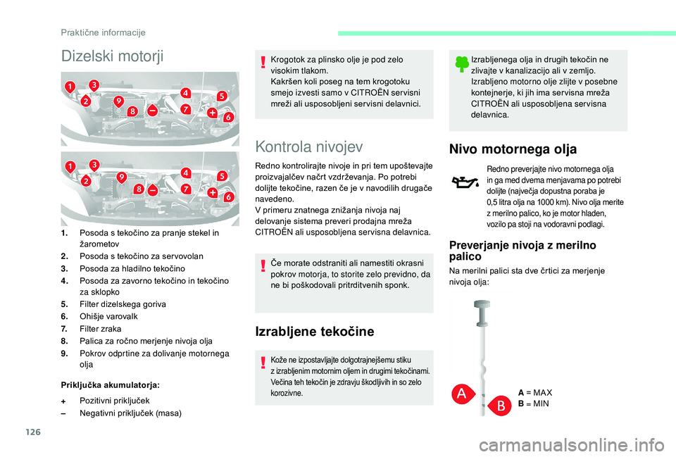CITROEN JUMPER 2019 Navodila Za Uporabo (in Slovenian) 126
Dizelski motorji
1.Posoda s tekočino za pranje stekel in
žarometov
2. Posoda s
tekočino za ser vovolan
3. Posoda za hladilno tekočino
4. Posoda za zavorno tekočino in tekočino
za sklop CITROEN JUMPER 2019 Navodila Za Uporabo (in Slovenian) 126
Dizelski motorji
1.Posoda s tekočino za pranje stekel in
žarometov
2. Posoda s
tekočino za ser vovolan
3. Posoda za hladilno tekočino
4. Posoda za zavorno tekočino in tekočino
za sklop