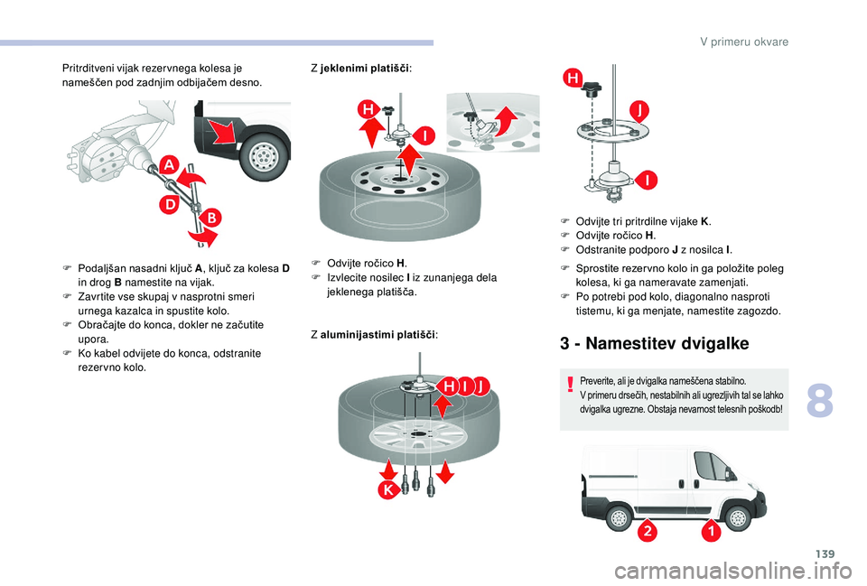 CITROEN JUMPER 2019 Navodila Za Uporabo (in Slovenian) 139
Pritrditveni vijak rezer vnega kolesa je
nameščen pod zadnjim odbijačem desno.Z jeklenimi platišči
:
Z aluminijastimi platišči :
F
P
odaljšan nasadni ključ A, ključ za kolesa D
in CITROEN JUMPER 2019 Navodila Za Uporabo (in Slovenian) 139
Pritrditveni vijak rezer vnega kolesa je
nameščen pod zadnjim odbijačem desno.Z jeklenimi platišči
:
Z aluminijastimi platišči :
F
P
odaljšan nasadni ključ A, ključ za kolesa D
in