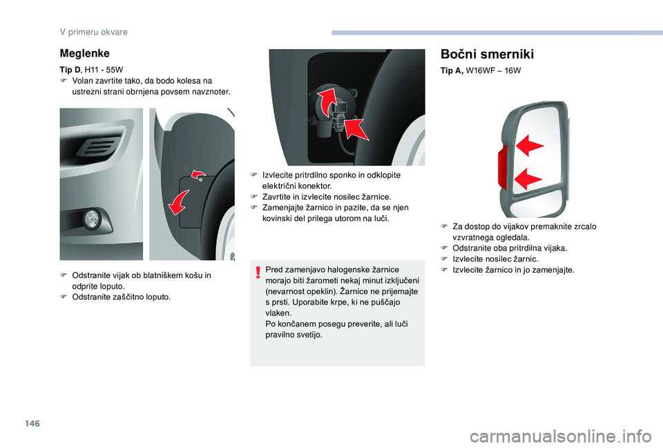 CITROEN JUMPER 2019 Navodila Za Uporabo (in Slovenian) 146
Bočni smerniki
Tip A, W16WF – 16W
F
Z
a dostop do vijakov premaknite zrcalo
vzvratnega ogledala.
F
O
dstranite oba pritrdilna vijaka.
F
I
zvlecite nosilec žarnic.
F
I
zvlecite žar CITROEN JUMPER 2019 Navodila Za Uporabo (in Slovenian) 146
Bočni smerniki
Tip A, W16WF – 16W
F
Z
a dostop do vijakov premaknite zrcalo
vzvratnega ogledala.
F
O
dstranite oba pritrdilna vijaka.
F
I
zvlecite nosilec žarnic.
F
I
zvlecite žar