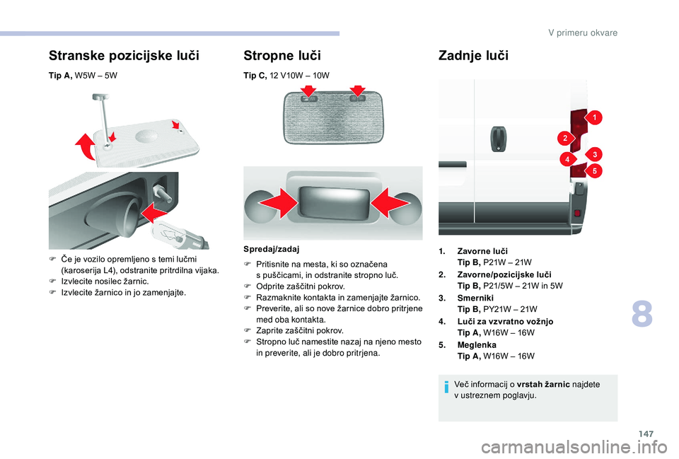 CITROEN JUMPER 2019 Navodila Za Uporabo (in Slovenian) 147
Tip C, 12 V10W – 10W
Stranske pozicijske luči
Tip A, W5W – 5W
Stropne luči
F Če je vozilo opremljeno s temi lučmi
(karoserija L4), odstranite pritrdilna vijaka.
F
I
zvlecite nosilec CITROEN JUMPER 2019 Navodila Za Uporabo (in Slovenian) 147
Tip C, 12 V10W – 10W
Stranske pozicijske luči
Tip A, W5W – 5W
Stropne luči
F Če je vozilo opremljeno s temi lučmi
(karoserija L4), odstranite pritrdilna vijaka.
F
I
zvlecite nosilec