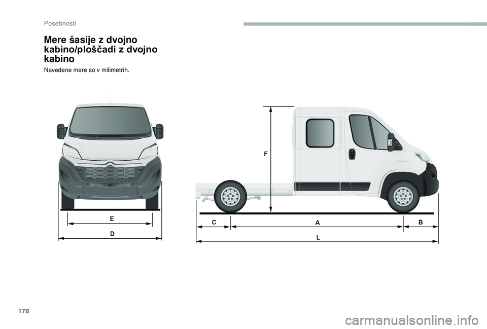 CITROEN JUMPER 2019  Navodila Za Uporabo (in Slovenian) 178
Mere šasije z dvojno 
kabino/ploščadi z dvojno 
kabino
Navedene mere so v milimetrih. 
Posebnosti  