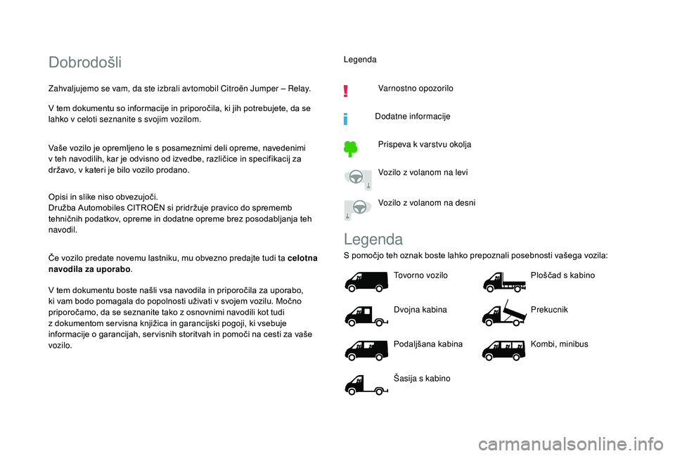 CITROEN JUMPER 2019 Navodila Za Uporabo (in Slovenian) Dobrodošli
Zahvaljujemo se vam, da ste izbrali avtomobil Citroën Jumper – Relay.
V tem dokumentu so informacije in priporočila, ki jih potrebujete, da se
lahko v celoti seznanite s svojim voz CITROEN JUMPER 2019 Navodila Za Uporabo (in Slovenian) Dobrodošli
Zahvaljujemo se vam, da ste izbrali avtomobil Citroën Jumper – Relay.
V tem dokumentu so informacije in priporočila, ki jih potrebujete, da se
lahko v celoti seznanite s svojim voz
