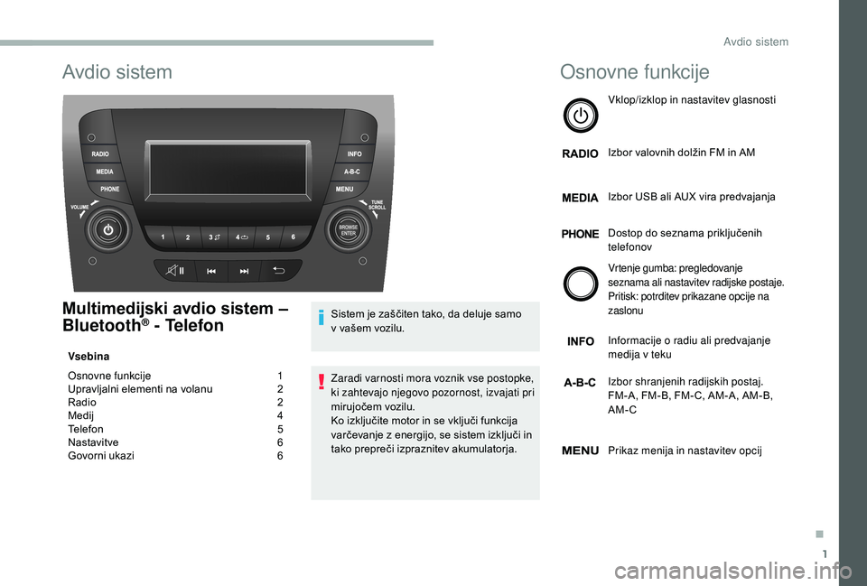 CITROEN JUMPER 2019  Navodila Za Uporabo (in Slovenian) 1
Avdio sistem
Multimedijski avdio sistem – 
Bluetooth® - Telefon
Vsebina
Osnovne funkcije  
1
U

pravljalni elementi na volanu   
2
R

adio   
2
M

edij   
4
T

elefon   
5
N

astavitve   
6
G

ov