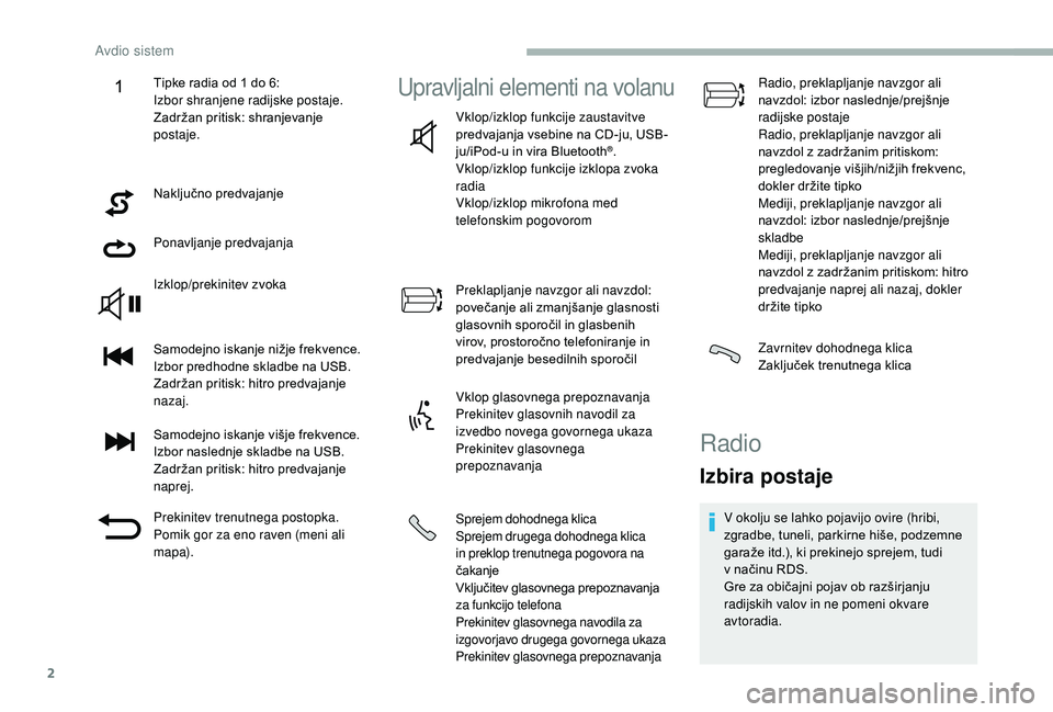 CITROEN JUMPER 2019 Navodila Za Uporabo (in Slovenian) 2
Naključno predvajanje
Ponavljanje predvajanja
Izklop/prekinitev zvoka
Samodejno iskanje nižje frekvence.
Izbor predhodne skladbe na USB.
Zadržan pritisk: hitro predvajanje
nazaj.
Samodejno iskan CITROEN JUMPER 2019 Navodila Za Uporabo (in Slovenian) 2
Naključno predvajanje
Ponavljanje predvajanja
Izklop/prekinitev zvoka
Samodejno iskanje nižje frekvence.
Izbor predhodne skladbe na USB.
Zadržan pritisk: hitro predvajanje
nazaj.
Samodejno iskan