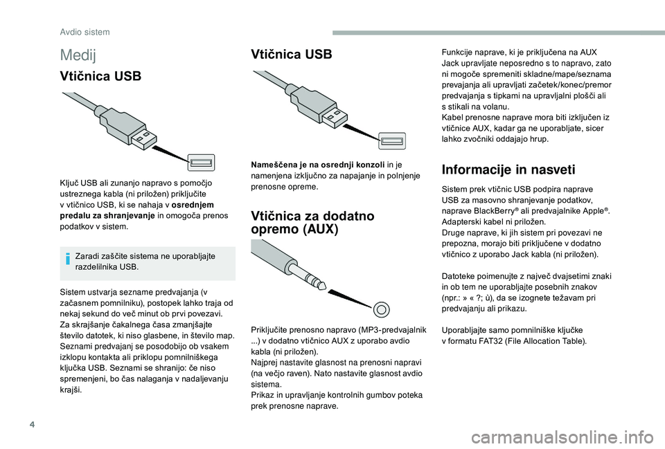 CITROEN JUMPER 2019 Navodila Za Uporabo (in Slovenian) 4
Medij
Vtičnica USB
Ključ USB ali zunanjo napravo s pomočjo
u streznega kabla (ni priložen) priključite
v
vtičnico USB, ki se nahaja v osrednjem
predalu za shranjevanje in omogoča pren CITROEN JUMPER 2019 Navodila Za Uporabo (in Slovenian) 4
Medij
Vtičnica USB
Ključ USB ali zunanjo napravo s pomočjo
u streznega kabla (ni priložen) priključite
v
vtičnico USB, ki se nahaja v osrednjem
predalu za shranjevanje in omogoča pren