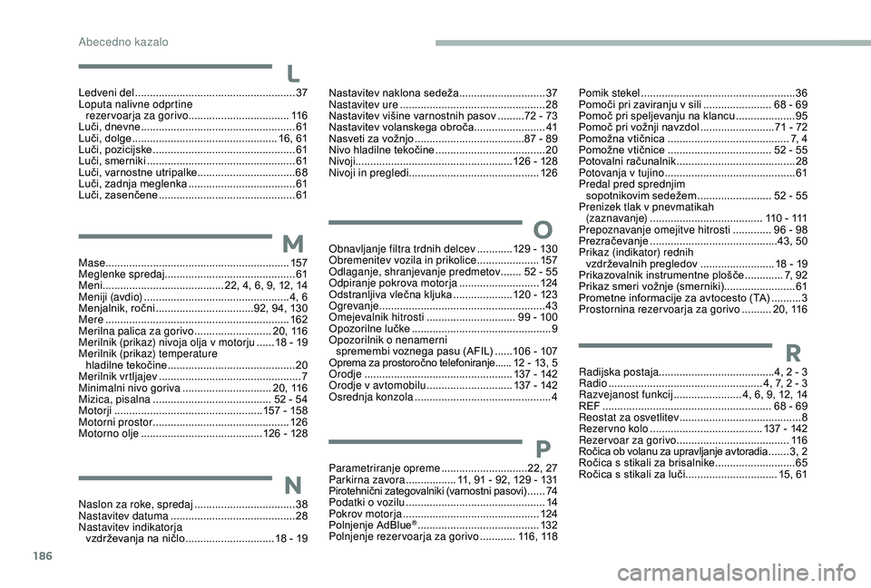 CITROEN JUMPER 2019  Navodila Za Uporabo (in Slovenian) 186
Ledveni del ...................................................... 37
Loputa nalivne odprtine  rezervoarja za gorivo
 

..................................11 6
Luči, dnevne
  .....................