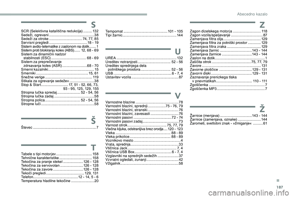 CITROEN JUMPER 2019 Navodila Za Uporabo (in Slovenian) 187
Žarnice (menjava) ................................1 43 - 144
Žarnice (zamenjava, oznake) .......................14
4
Žarometi, svetlobni znak - »žmiganje«
..........61
Varnostne blaz CITROEN JUMPER 2019 Navodila Za Uporabo (in Slovenian) 187
Žarnice (menjava) ................................1 43 - 144
Žarnice (zamenjava, oznake) .......................14
4
Žarometi, svetlobni znak - »žmiganje«
..........61
Varnostne blaz