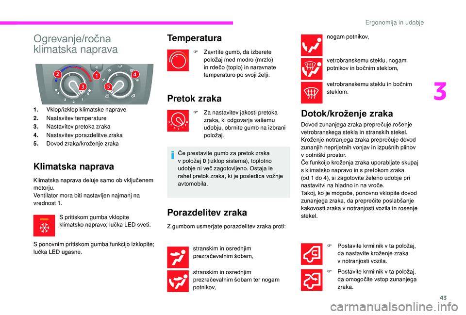 CITROEN JUMPER 2019 Navodila Za Uporabo (in Slovenian) 43
Ogrevanje/ročna
klimatska naprava
1.Vklop/izklop klimatske naprave
2. Nastavitev temperature
3. Nastavitev pretoka zraka
4. Nastavitev porazdelitve zraka
5. Dovod zraka/kroženje zraka
Klimatska CITROEN JUMPER 2019 Navodila Za Uporabo (in Slovenian) 43
Ogrevanje/ročna
klimatska naprava
1.Vklop/izklop klimatske naprave
2. Nastavitev temperature
3. Nastavitev pretoka zraka
4. Nastavitev porazdelitve zraka
5. Dovod zraka/kroženje zraka
Klimatska