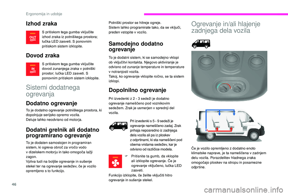 CITROEN JUMPER 2019  Navodila Za Uporabo (in Slovenian) 46
Izhod zraka
S pritiskom tega gumba vključite 
izhod zraka iz potniškega prostora; 
lučka LED zasveti. S ponovnim 
pritiskom sistem izklopite.
Dovod zraka
S pritiskom tega gumba vključite 
dovod