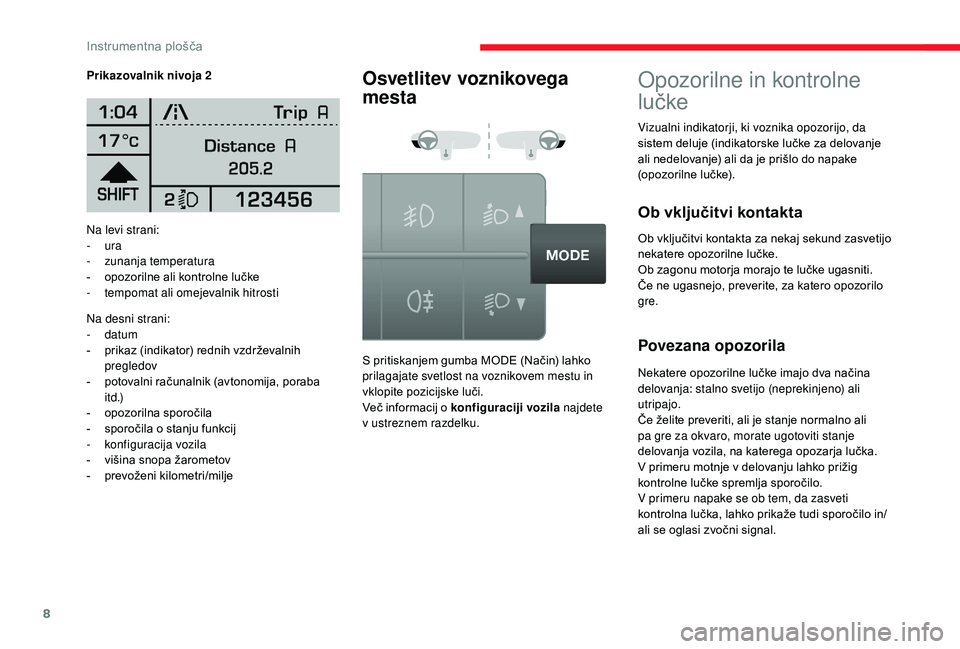CITROEN JUMPER 2019 Navodila Za Uporabo (in Slovenian) 8
Na levi strani:
- ura
-
z
unanja temperatura
-
o
pozorilne ali kontrolne lučke
-
t
empomat ali omejevalnik hitrosti
Na desni strani:
-
datum
-
p
rikaz (indikator) rednih vzdrževalnih CITROEN JUMPER 2019 Navodila Za Uporabo (in Slovenian) 8
Na levi strani:
- ura
-
z
unanja temperatura
-
o
pozorilne ali kontrolne lučke
-
t
empomat ali omejevalnik hitrosti
Na desni strani:
-
datum
-
p
rikaz (indikator) rednih vzdrževalnih