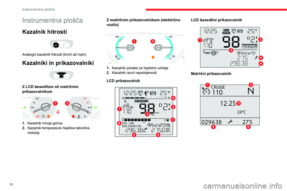 CITROEN JUMPER SPACETOURER 2021  Navodila Za Uporabo (in Slovenian) 10
Instrumentna plošča
Instrumentna plošča
Kazalnik hitrosti 
 
Analogni kazalnik hitrosti (km/h ali mph).
Kazalniki in prikazovalniki 
 
Z LCD besedilom ali matričnim 
prikazovalnikom
 
 
1.Kaza