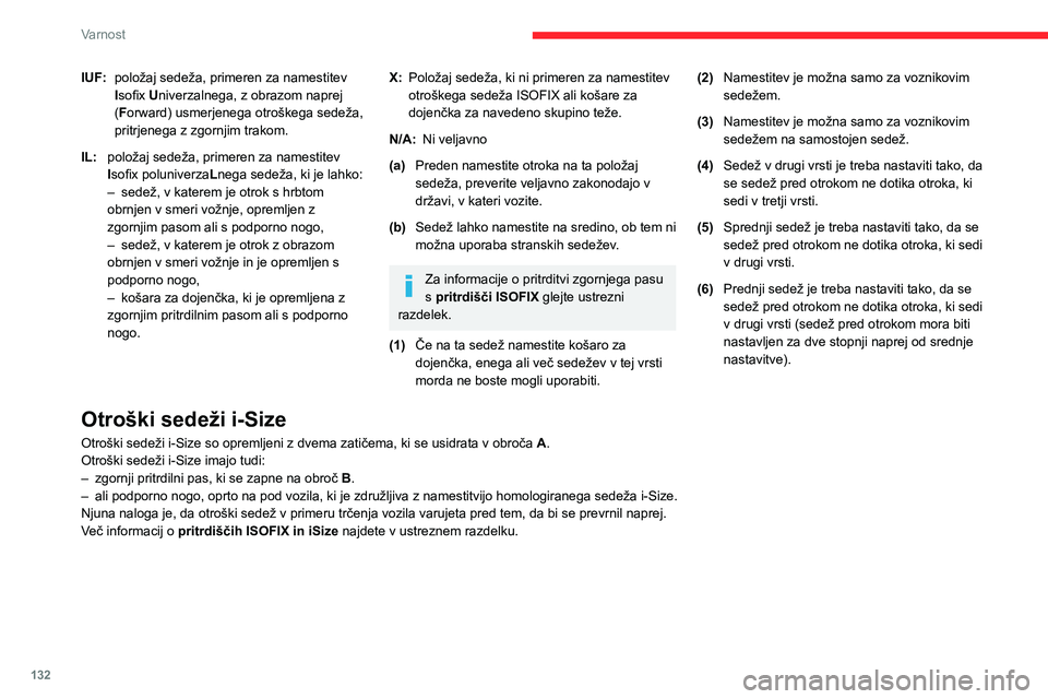 CITROEN JUMPER SPACETOURER 2021  Navodila Za Uporabo (in Slovenian) 132
Varnost
IUF:položaj sedeža, primeren za namestitev 
Isofix
  Univerzalnega, z obrazom naprej 
(Forward) usmerjenega otroškega sedeža, 
pritrjenega z zgornjim trakom.
IL: položaj sedeža, prim