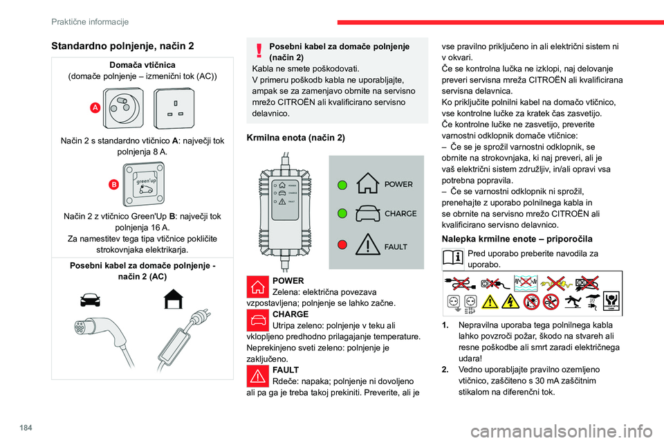 CITROEN JUMPER SPACETOURER 2021 Navodila Za Uporabo (in Slovenian) 184
Praktične informacije
Standardno polnjenje, način 2
Domača vtičnica
(domače polnjenje – izmenični tok (AC))
Način 2 s standardno vtičnico A: največji tok
polnjenja 8 A.
Način CITROEN JUMPER SPACETOURER 2021 Navodila Za Uporabo (in Slovenian) 184
Praktične informacije
Standardno polnjenje, način 2
Domača vtičnica
(domače polnjenje – izmenični tok (AC))
Način 2 s standardno vtičnico A: največji tok
polnjenja 8 A.
Način