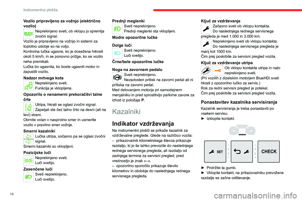 CITROEN JUMPER SPACETOURER 2021 Navodila Za Uporabo (in Slovenian) 18
Instrumentna plošča
Vozilo pripravljeno za vožnjo (električno
vozilo)
Neprekinjeno sveti, ob vklopu jo spremlja
zvočni signal.
Vozilo je pripravljeno na vožnjo in sistemi za
toplotno udobj CITROEN JUMPER SPACETOURER 2021 Navodila Za Uporabo (in Slovenian) 18
Instrumentna plošča
Vozilo pripravljeno za vožnjo (električno
vozilo)
Neprekinjeno sveti, ob vklopu jo spremlja
zvočni signal.
Vozilo je pripravljeno na vožnjo in sistemi za
toplotno udobj