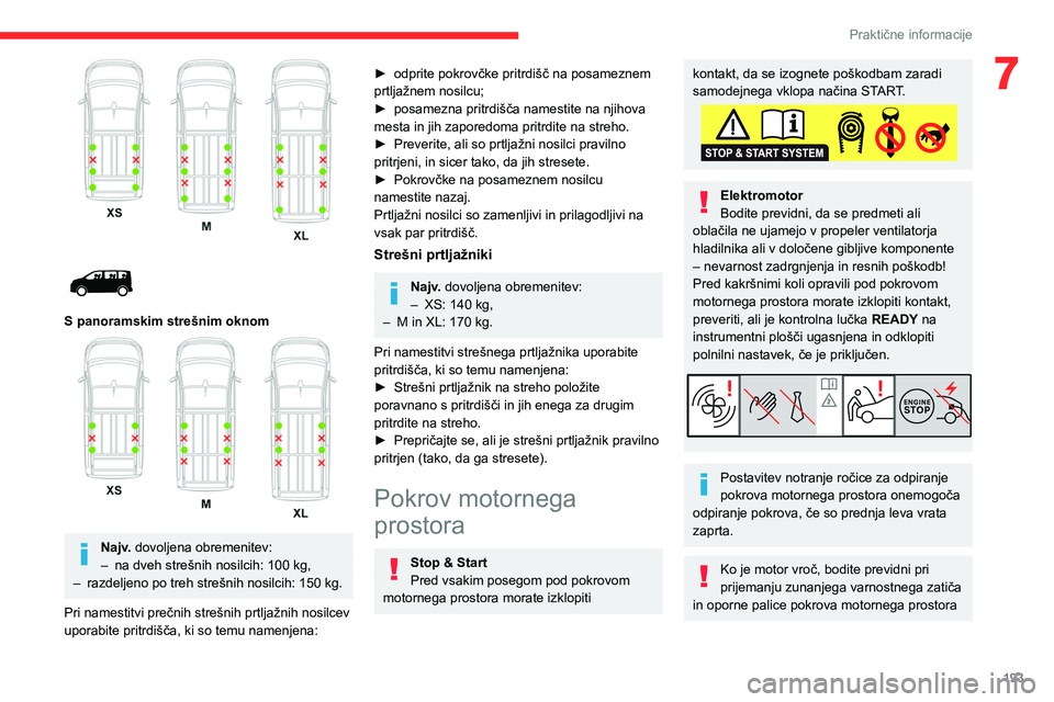 CITROEN JUMPER SPACETOURER 2021 Navodila Za Uporabo (in Slovenian) 193
Praktične informacije
7
S panoramskim strešnim oknom
Najv. dovoljena obremenitev:
– na dveh strešnih nosilcih: 100 kg,
–
razdeljeno po treh strešnih nosilcih: 150
kg.
Pri CITROEN JUMPER SPACETOURER 2021 Navodila Za Uporabo (in Slovenian) 193
Praktične informacije
7
S panoramskim strešnim oknom
Najv. dovoljena obremenitev:
– na dveh strešnih nosilcih: 100 kg,
–
razdeljeno po treh strešnih nosilcih: 150
kg.
Pri
