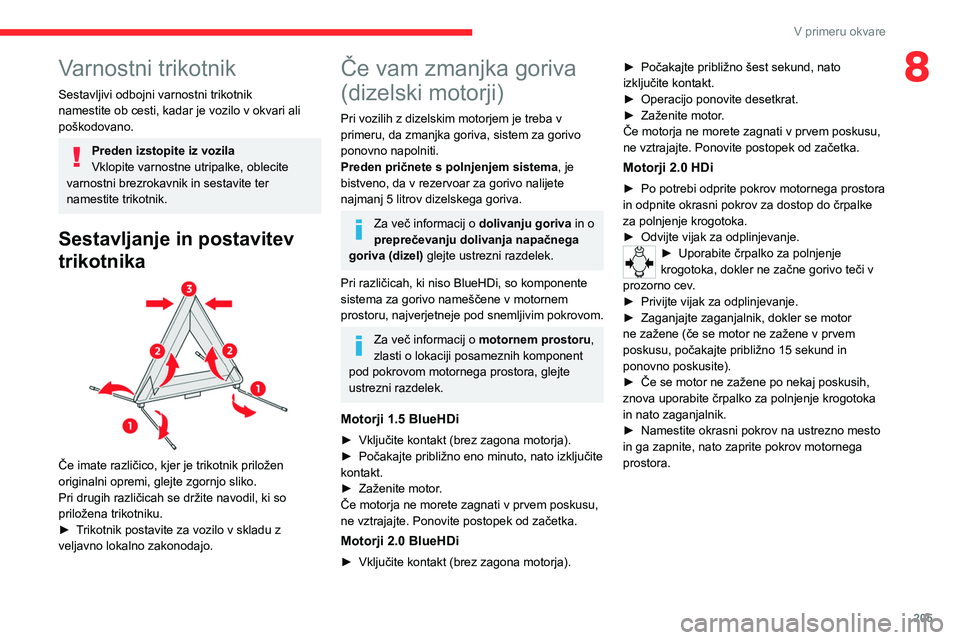 CITROEN JUMPER SPACETOURER 2021 Navodila Za Uporabo (in Slovenian) 205
V primeru okvare
8Varnostni trikotnik
Sestavljivi odbojni varnostni trikotnik
namestite ob cesti, kadar je vozilo v okvari ali
poškodovano.
Preden izstopite iz vozila
Vklopite varnostne utripal CITROEN JUMPER SPACETOURER 2021 Navodila Za Uporabo (in Slovenian) 205
V primeru okvare
8Varnostni trikotnik
Sestavljivi odbojni varnostni trikotnik
namestite ob cesti, kadar je vozilo v okvari ali
poškodovano.
Preden izstopite iz vozila
Vklopite varnostne utripal