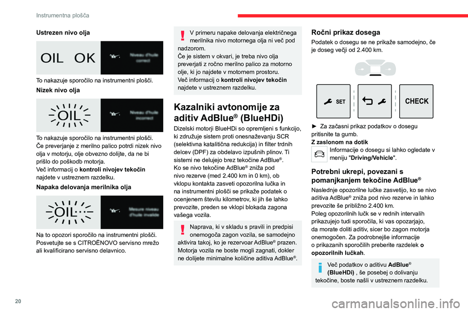 CITROEN JUMPER SPACETOURER 2021  Navodila Za Uporabo (in Slovenian) 20
Instrumentna plošča
Pri motorjih BlueHDi (Euro 6.1)
Opozorilne/kontrolne lučke, ki  svetijo Ukrep Preostali 
doseg
 
 
Dolijte 
tekočino, 
takoj ko je to 
mogoče.Med 2.400 
in 600 km
 
 
Obvez