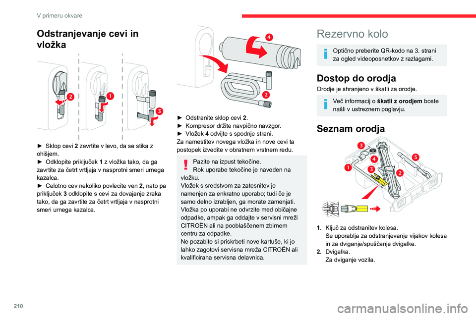 CITROEN JUMPER SPACETOURER 2021  Navodila Za Uporabo (in Slovenian) 210
V primeru okvare
3.Orodje za odstranitev pokrovčkov kolesnih 
vijakov/okrasnih pokrovov.
Z njim odstranimo pokrovčke kolesnih vijakov 
na aluminijastih platiščih ali okrasne pokrove 
na jeklen