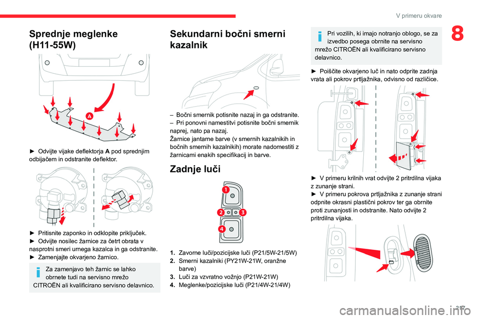 CITROEN JUMPER SPACETOURER 2021  Navodila Za Uporabo (in Slovenian) 217
V primeru okvare
8Sprednje meglenke 
(H11-55W)
 
 
► Odvijte vijake deflektorja A  pod sprednjim 
odbijačem in odstranite deflektor.
 
 
► Pritisnite zaponko in odklopite priključek.
►  Od