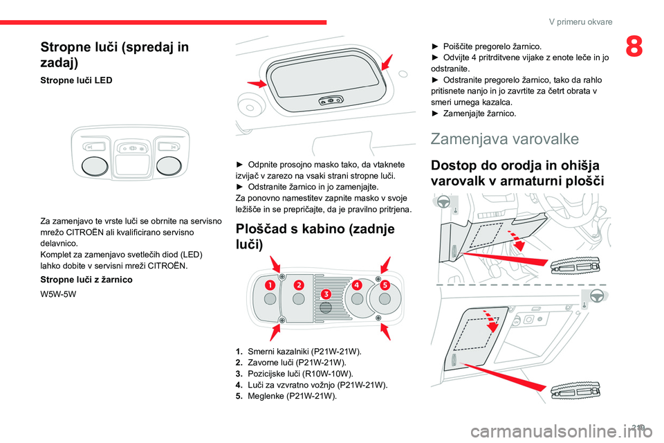 CITROEN JUMPER SPACETOURER 2021 Navodila Za Uporabo (in Slovenian) 219
V primeru okvare
8Stropne luči (spredaj in
zadaj)
Stropne luči LED
Za zamenjavo te vrste luči se obrnite na servisno
mrežo CITROËN ali kvalificirano servisno
delavnico.
Komplet za zamen CITROEN JUMPER SPACETOURER 2021 Navodila Za Uporabo (in Slovenian) 219
V primeru okvare
8Stropne luči (spredaj in
zadaj)
Stropne luči LED
Za zamenjavo te vrste luči se obrnite na servisno
mrežo CITROËN ali kvalificirano servisno
delavnico.
Komplet za zamen