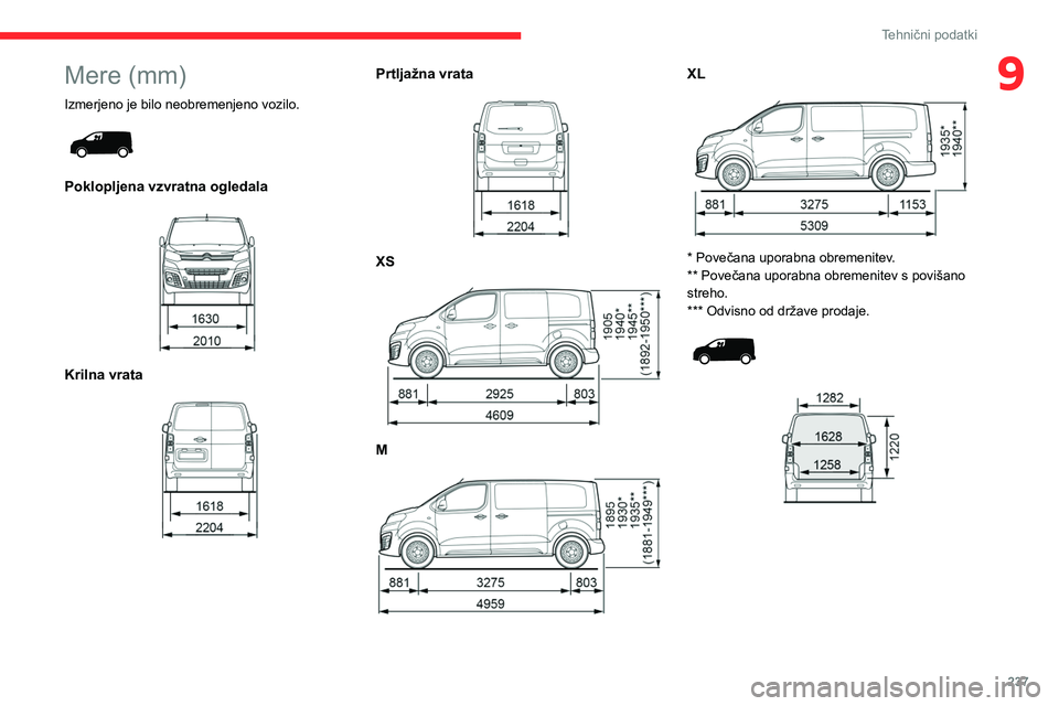 CITROEN JUMPER SPACETOURER 2021  Navodila Za Uporabo (in Slovenian) 237
Tehnični podatki
9Mere (mm)
Izmerjeno je bilo neobremenjeno vozilo. 
 
Poklopljena vzvratna ogledala 
 
Krilna vrata 
 
Prtljažna vrata 
 
XS 
 
M 
 
XL 
 
* Povečana uporabna obremenitev.
** P
