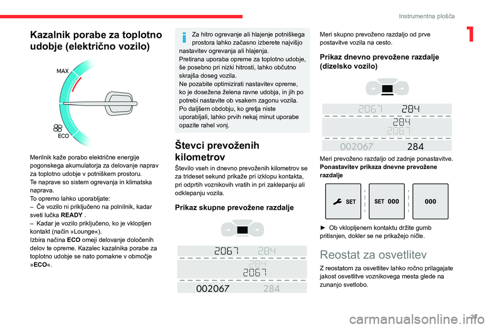 CITROEN JUMPER SPACETOURER 2021  Navodila Za Uporabo (in Slovenian) 23
Instrumentna plošča
1Kazalnik porabe za toplotno 
udobje (električno vozilo)
 
 
Merilnik kaže porabo električne energije 
pogonskega akumulatorja za delovanje naprav 
za toplotno udobje v pot