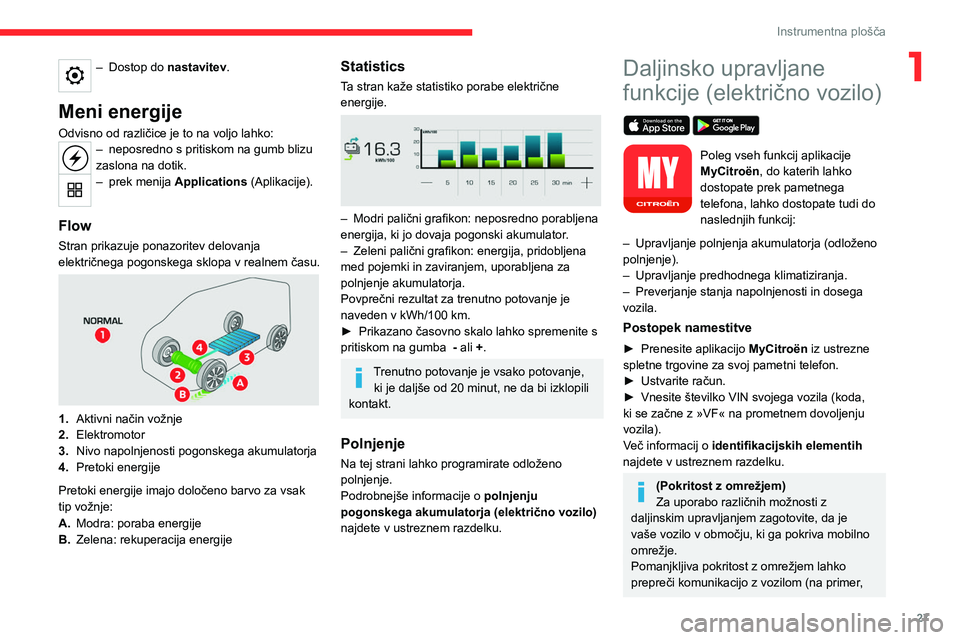 CITROEN JUMPER SPACETOURER 2021  Navodila Za Uporabo (in Slovenian) 27
Instrumentna plošča
1– Dostop do nastavitev. 
Meni energije
Odvisno od različice je to na voljo lahko:– neposredn o s pritiskom na gumb blizu 
zaslona na dotik.
– prek meni ja Applications