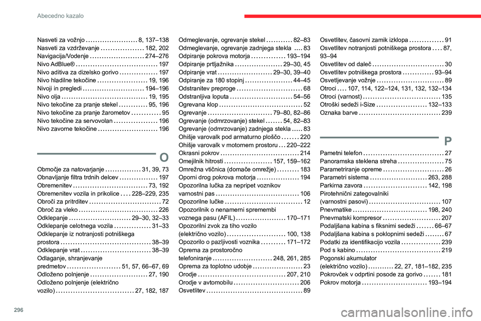 CITROEN JUMPER SPACETOURER 2021  Navodila Za Uporabo (in Slovenian) 296
Abecedno kazalo
Nasveti za vožnjo     8, 137–138
Nasveti za vzdrževanje     
182, 202
Navigacija/Vodenje
    
274–276
Nivo AdBlue®
    
197
Nivo aditiva za dizelsko gorivo
    
197
Nivo hla