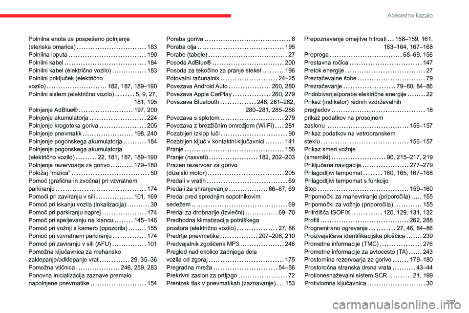 CITROEN JUMPER SPACETOURER 2021  Navodila Za Uporabo (in Slovenian) 297
Abecedno kazalo
Polnilna enota za pospešeno polnjenje  
(stenska omarica)    
183
Polnilna loputa
    
190
Polnilni kabel
    
184
Polnilni kabel (električno vozilo)
    
183
Polnilni priključe