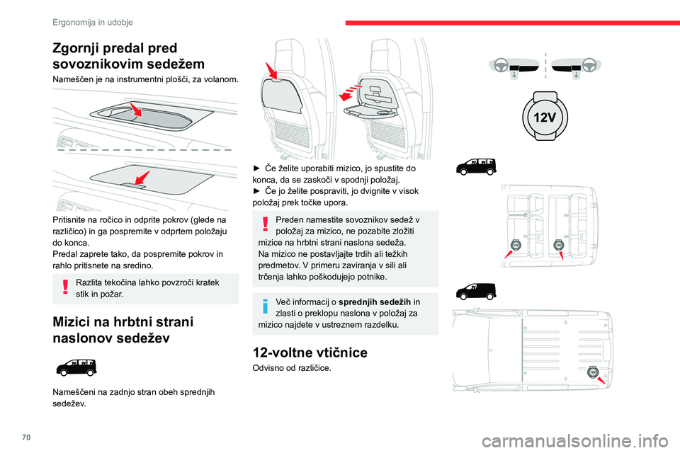 CITROEN JUMPER SPACETOURER 2021  Navodila Za Uporabo (in Slovenian) 70
Ergonomija in udobje
► Če želite priključiti 12-voltno dodatno opremo 
(največja moč je 120 vatov), dvignite pokrov in 
priključite ustrezen adapter.
Upoštevajte največjo dovoljeno jakost