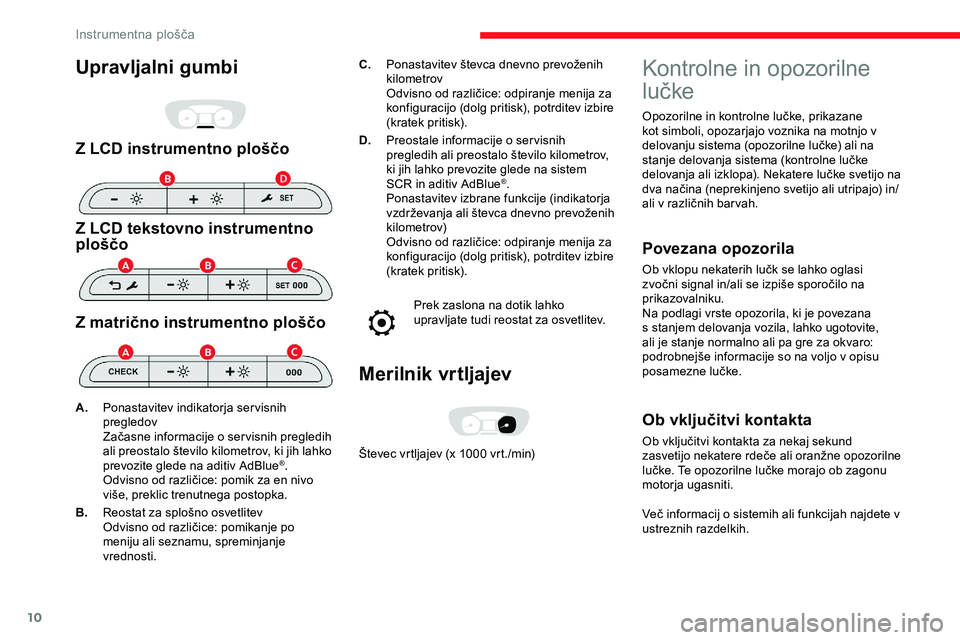 CITROEN JUMPER SPACETOURER 2020 Navodila Za Uporabo (in Slovenian) 10
Upravljalni gumbi
Z LCD instrumentno ploščo
Z LCD tekstovno instrumentno
ploščo
Z matrično instrumentno ploščo
C.Ponastavitev števca dnevno prevoženih k
ilometrov
Odvisno
od ra CITROEN JUMPER SPACETOURER 2020 Navodila Za Uporabo (in Slovenian) 10
Upravljalni gumbi
Z LCD instrumentno ploščo
Z LCD tekstovno instrumentno
ploščo
Z matrično instrumentno ploščo
C.Ponastavitev števca dnevno prevoženih k
ilometrov
Odvisno
od ra
