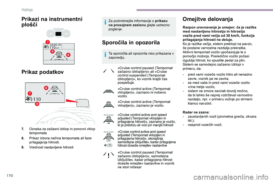 CITROEN JUMPER SPACETOURER 2020 Navodila Za Uporabo (in Slovenian) 170
Za podrobnejše informacije o prikazu
n a prosojnem zaslonu glejte ustrezno
poglavje.
Sporočila in opozorila
Ta sporočila ali opozorila niso prikazana v z aporedju.
Omejitve delovanja
»Cruis CITROEN JUMPER SPACETOURER 2020 Navodila Za Uporabo (in Slovenian) 170
Za podrobnejše informacije o prikazu
n a prosojnem zaslonu glejte ustrezno
poglavje.
Sporočila in opozorila
Ta sporočila ali opozorila niso prikazana v z aporedju.
Omejitve delovanja
»Cruis