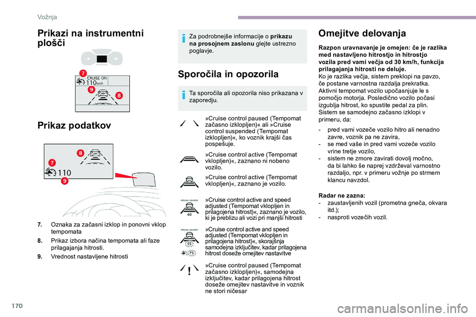 CITROEN JUMPER SPACETOURER 2020  Navodila Za Uporabo (in Slovenian) 170
Za	podrobnejše	informacije	o	prikazu 
n a prosojnem zaslonu  glejte ustrezno 
poglavje.
Sporočila in opozorila
Ta	sporočila	ali	opozorila	niso	prikazana	v	z aporedju.
Omejitve delovanja
»Cruis