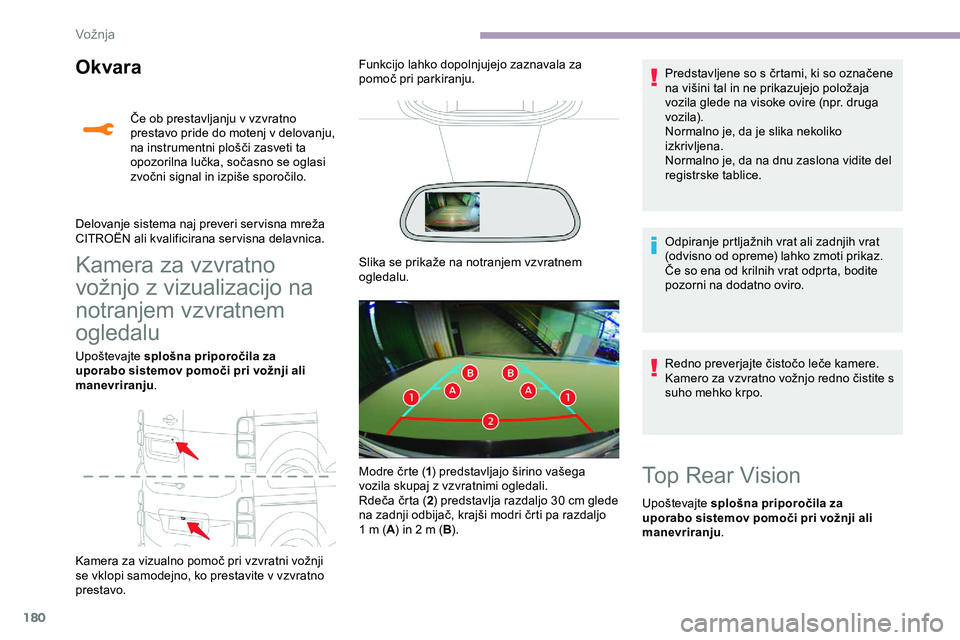 CITROEN JUMPER SPACETOURER 2020 Navodila Za Uporabo (in Slovenian) 180
Okvara
Kamera za vzvratno
vožnjo z vizualizacijo na
n
otranjem vzvratnem
ogledalu
Upoštevajte s plošna priporočila za
uporabo sistemov pomoči pri vožnji ali
manevriranju .
Kamera CITROEN JUMPER SPACETOURER 2020 Navodila Za Uporabo (in Slovenian) 180
Okvara
Kamera za vzvratno
vožnjo z vizualizacijo na
n
otranjem vzvratnem
ogledalu
Upoštevajte s plošna priporočila za
uporabo sistemov pomoči pri vožnji ali
manevriranju .
Kamera