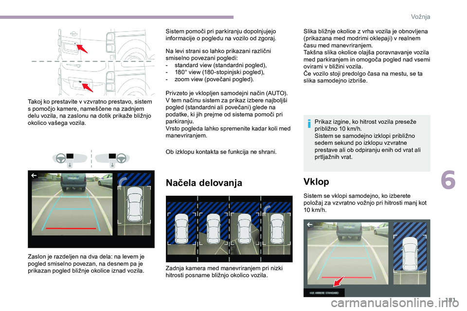 CITROEN JUMPER SPACETOURER 2020 Navodila Za Uporabo (in Slovenian) 181
Takoj ko prestavite v vzvratno prestavo, sistem
s pomočjo kamere, nameščene na zadnjem
d
elu vozila, na zaslonu na dotik prikaže bližnjo
o
kolico vašega voz CITROEN JUMPER SPACETOURER 2020 Navodila Za Uporabo (in Slovenian) 181
Takoj ko prestavite v vzvratno prestavo, sistem
s pomočjo kamere, nameščene na zadnjem
d
elu vozila, na zaslonu na dotik prikaže bližnjo
o
kolico vašega voz