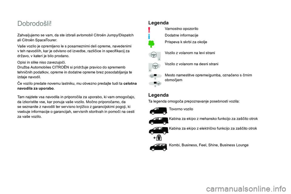 CITROEN JUMPER SPACETOURER 2020  Navodila Za Uporabo (in Slovenian) Dobrodošli!
Zahvaljujemo se vam, da ste izbrali avtomobil Citroën Jumpy/Dispatch 
ali Citroën SpaceTourer.
Vaše	 vozilo 	 je 	 opremljeno 	 le 	 s 	 posameznimi 	 deli 	 opreme, 	 navedenimi 	
v

