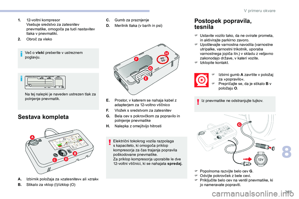 CITROEN JUMPER SPACETOURER 2020 Navodila Za Uporabo (in Slovenian) 203
1.12-voltni k ompresor
Vsebuje sredstvo za zatesnitev
pnevmatike,
omogoča pa tudi nastavitev
t
laka v pnevmatiki.
2. Obroč
za vleko
Več
o vleki preberite v ustreznem
poglav CITROEN JUMPER SPACETOURER 2020 Navodila Za Uporabo (in Slovenian) 203
1.12-voltni k ompresor
Vsebuje sredstvo za zatesnitev
pnevmatike,
omogoča pa tudi nastavitev
t
laka v pnevmatiki.
2. Obroč
za vleko
Več
o vleki preberite v ustreznem
poglav