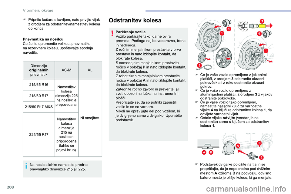 CITROEN JUMPER SPACETOURER 2020 Navodila Za Uporabo (in Slovenian) 208
Pnevmatika na nosilcu
Če želite spremenite velikost pnevmatike
n
a rezer vnem kolesu, upoštevajte spodnja
n
avodila.
Na nosilec lahko namestite predrto
pnevmatiko
dimenz CITROEN JUMPER SPACETOURER 2020 Navodila Za Uporabo (in Slovenian) 208
Pnevmatika na nosilcu
Če želite spremenite velikost pnevmatike
n
a rezer vnem kolesu, upoštevajte spodnja
n
avodila.
Na nosilec lahko namestite predrto
pnevmatiko
dimenz