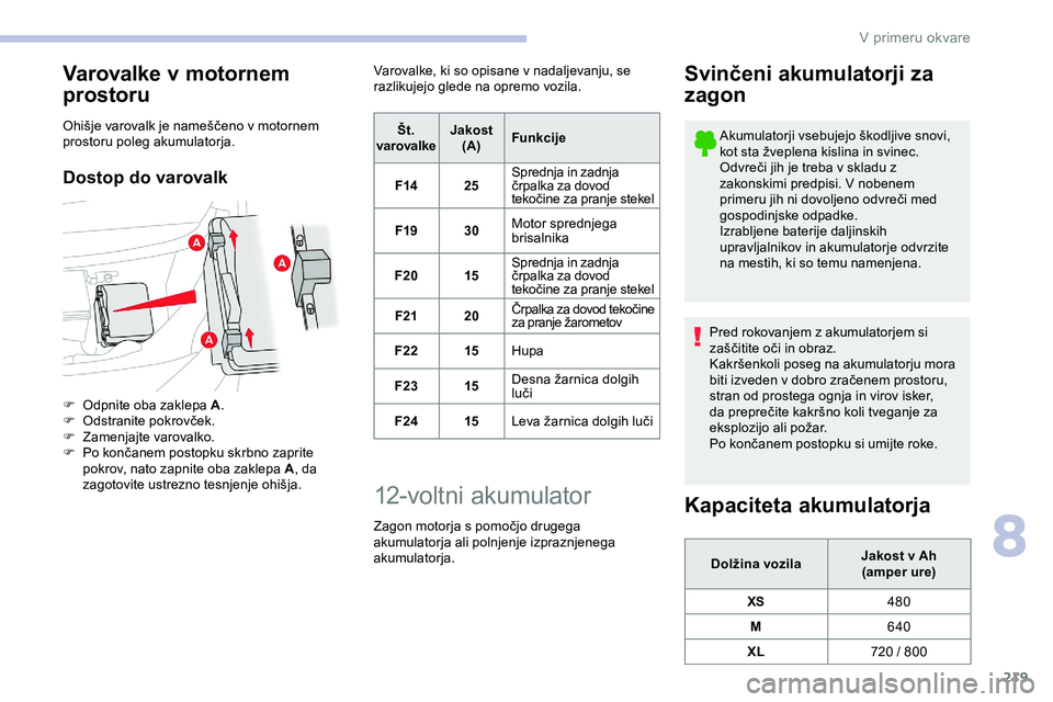 CITROEN JUMPER SPACETOURER 2020 Navodila Za Uporabo (in Slovenian) 219
Varovalke v motornem
prostoru
Ohišje varovalk je nameščeno v motornem prostoru poleg akumulatorja.
Dostop do varovalk
F Odpnite oba zaklepa A .
F Odstranite pokrovček.
F
Z
amenjajte var CITROEN JUMPER SPACETOURER 2020 Navodila Za Uporabo (in Slovenian) 219
Varovalke v motornem
prostoru
Ohišje varovalk je nameščeno v motornem prostoru poleg akumulatorja.
Dostop do varovalk
F Odpnite oba zaklepa A .
F Odstranite pokrovček.
F
Z
amenjajte var