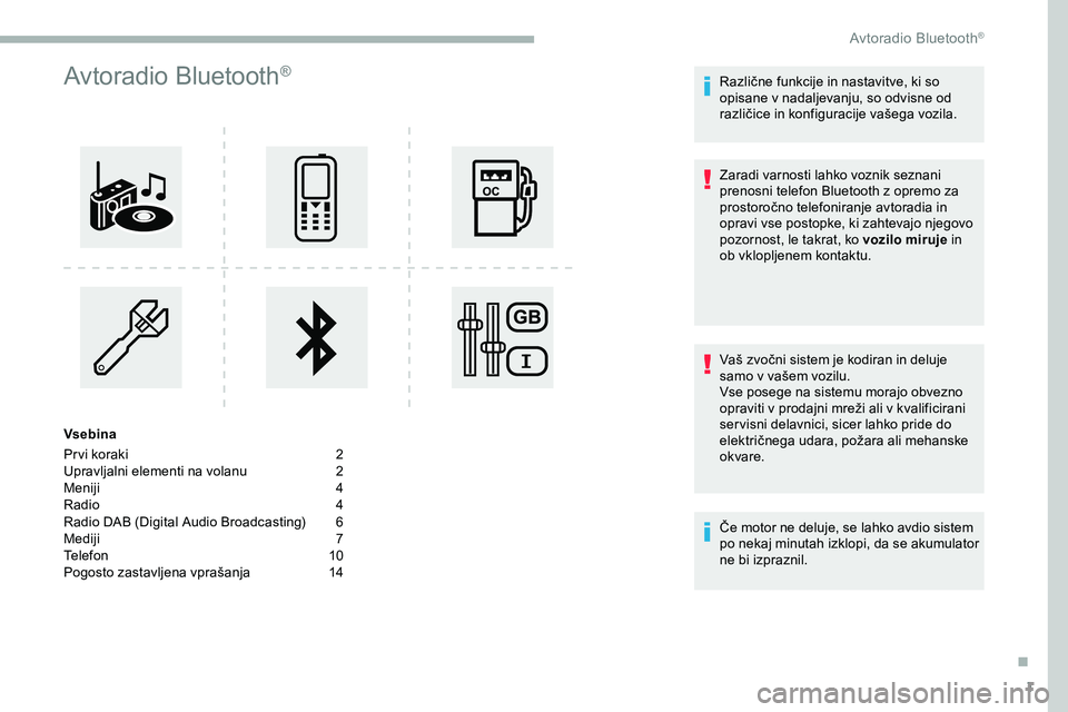 CITROEN JUMPER SPACETOURER 2020  Navodila Za Uporabo (in Slovenian) 1
Avtoradio Bluetooth®
Vsebina
Pr vi koraki  
2
U

pravljalni elementi na volanu   
2
M

eniji   
4
R

adio   
4
R

adio 	 DAB 	 (Digital 	 Audio 	 Broadcasting) 	 	 6
Mediji
	 	 7
Telefon
	 	 10
Pog