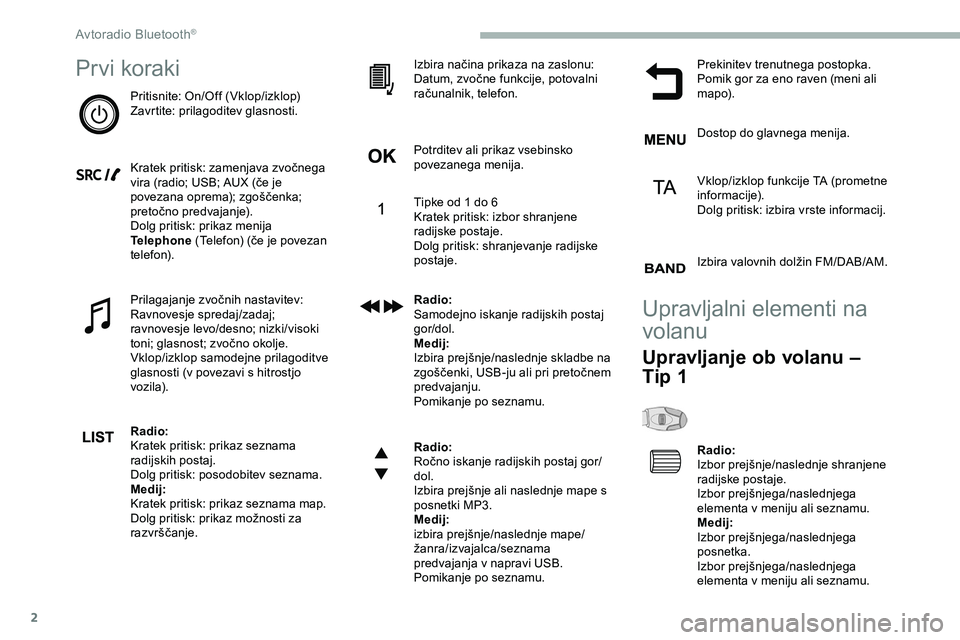 CITROEN JUMPER SPACETOURER 2020  Navodila Za Uporabo (in Slovenian) 2
Pr vi koraki
Pritisnite:	On/Off	(Vklop/izklop)
Z avrtite: prilagoditev glasnosti.
Kratek
	 pritisk: 	 zamenjava 	 zvočnega 	
v

ira 	 (radio; 	 USB; 	 AUX 	 (če 	 je 	
p

ovezana 	 oprema); 	 zgo�