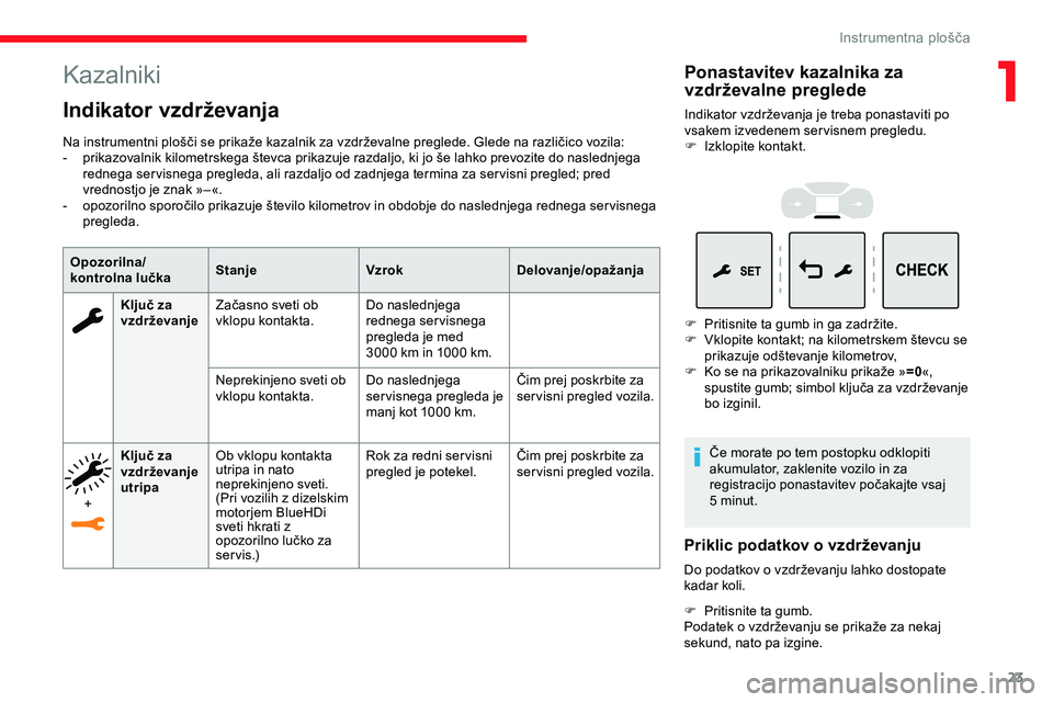 CITROEN JUMPER SPACETOURER 2020  Navodila Za Uporabo (in Slovenian) 23
Kazalniki
Indikator vzdrževanja
Na	instrumentni	plošči	se	prikaže	kazalnik	za	vzdrževalne	preglede.	Glede	na	različico	vozila:
-	 prikazovalnik 	 kilometrskega 	 števca 	 prikazuje 	 razdalj
