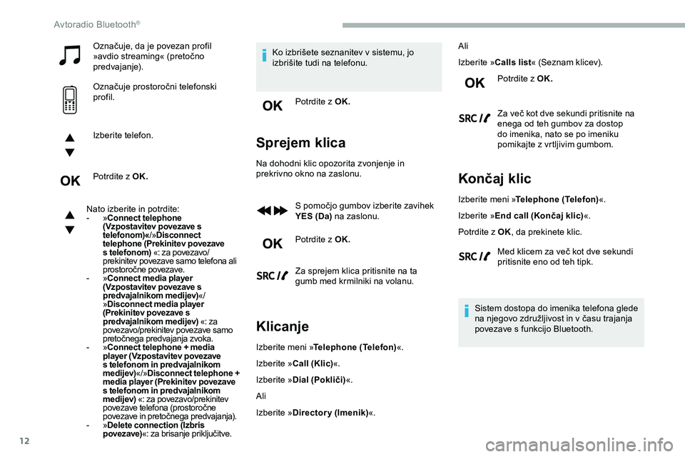 CITROEN JUMPER SPACETOURER 2020  Navodila Za Uporabo (in Slovenian) 12
Označuje,	da	je	povezan	profil	»avdio 	 streaming« 	 (pretočno 	
p

redvajanje).
Označuje
	pro

storočni
	t
 elefonski
	pro

fil.
Izberite telefon.
Potrdite z OK.
Nato izberite in potrdite:
-