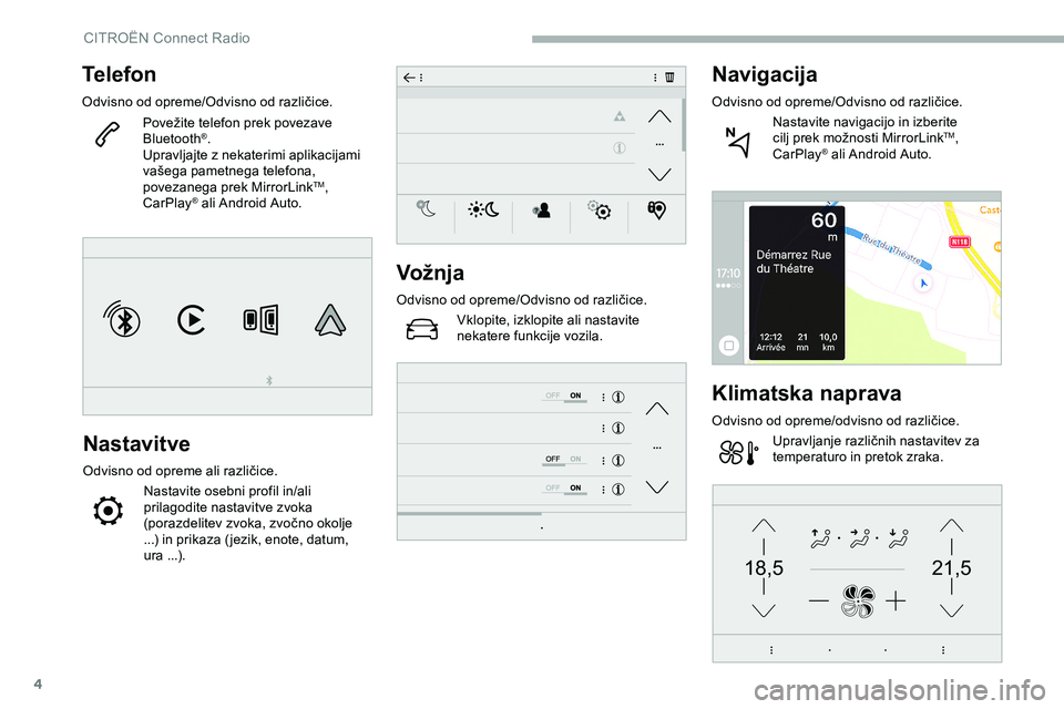 CITROEN JUMPER SPACETOURER 2020  Navodila Za Uporabo (in Slovenian) 4
21,518,5
Telefon
Odvisno	od	opreme/Odvisno	o d	r azličice.
Povežite 	 telefon 	 prek 	 povezave 	
Bl

uetooth
®.
Upravljajte z nekaterimi aplikacijami 
vašega
	
pametnega 	 telefona, 	
p

ovezan