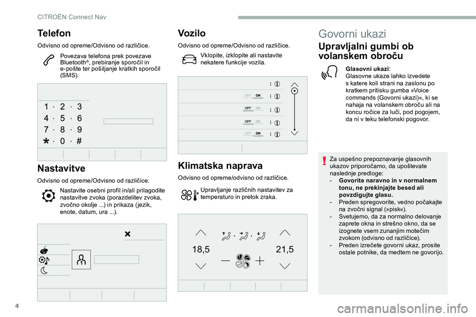 CITROEN JUMPER SPACETOURER 2020  Navodila Za Uporabo (in Slovenian) 4
21,518,5
Telefon
Odvisno	od	opreme/Odvisno	o d	r azličice.
Povezava telefona prek povezave 
Bluetooth
®,	prebiranje	sporočil	in	e
-pošte
	
ter 	 pošiljanje 	 kratkih 	 sporočil 	
(

SMS).
Nast