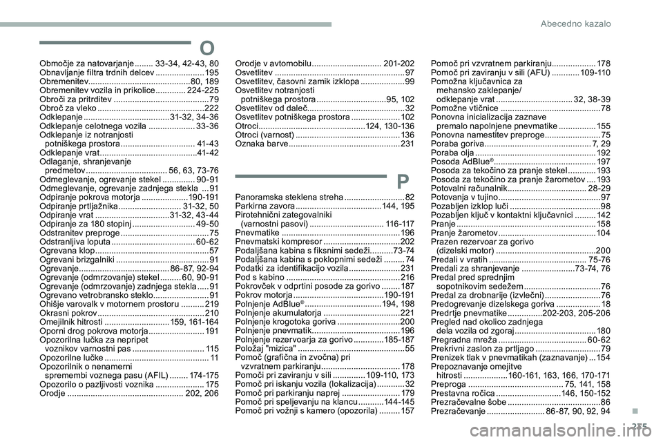CITROEN JUMPER SPACETOURER 2020  Navodila Za Uporabo (in Slovenian) 235
O
Območje	za	natovarjanje ........3 3 -34, 	 42- 43, 	 80
Obnavljanje filtra trdnih delcev  .....................195
Obremenitev ............................................ 80,
	 189
Obremenitev